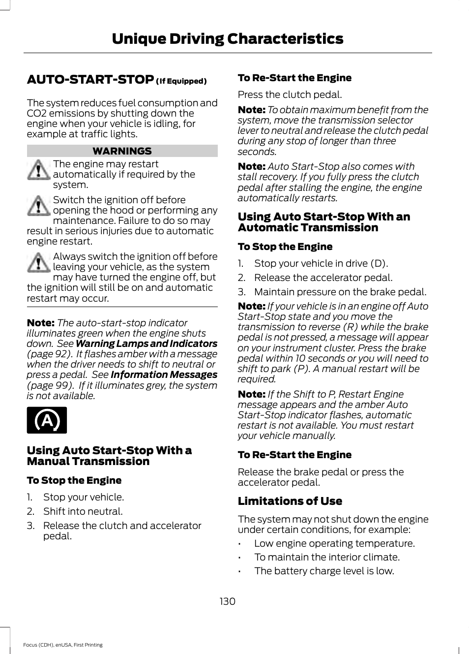 Unique driving characteristics, Auto-start-stop, Unique driving character | Istics, See auto-start-stop | FORD 2015 Focus User Manual | Page 133 / 453