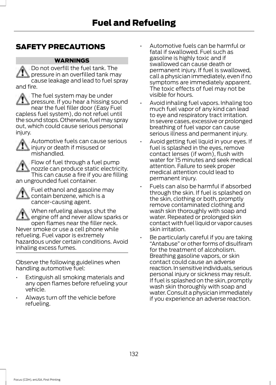 Fuel and refueling, Safety precautions | FORD 2015 Focus User Manual | Page 135 / 453