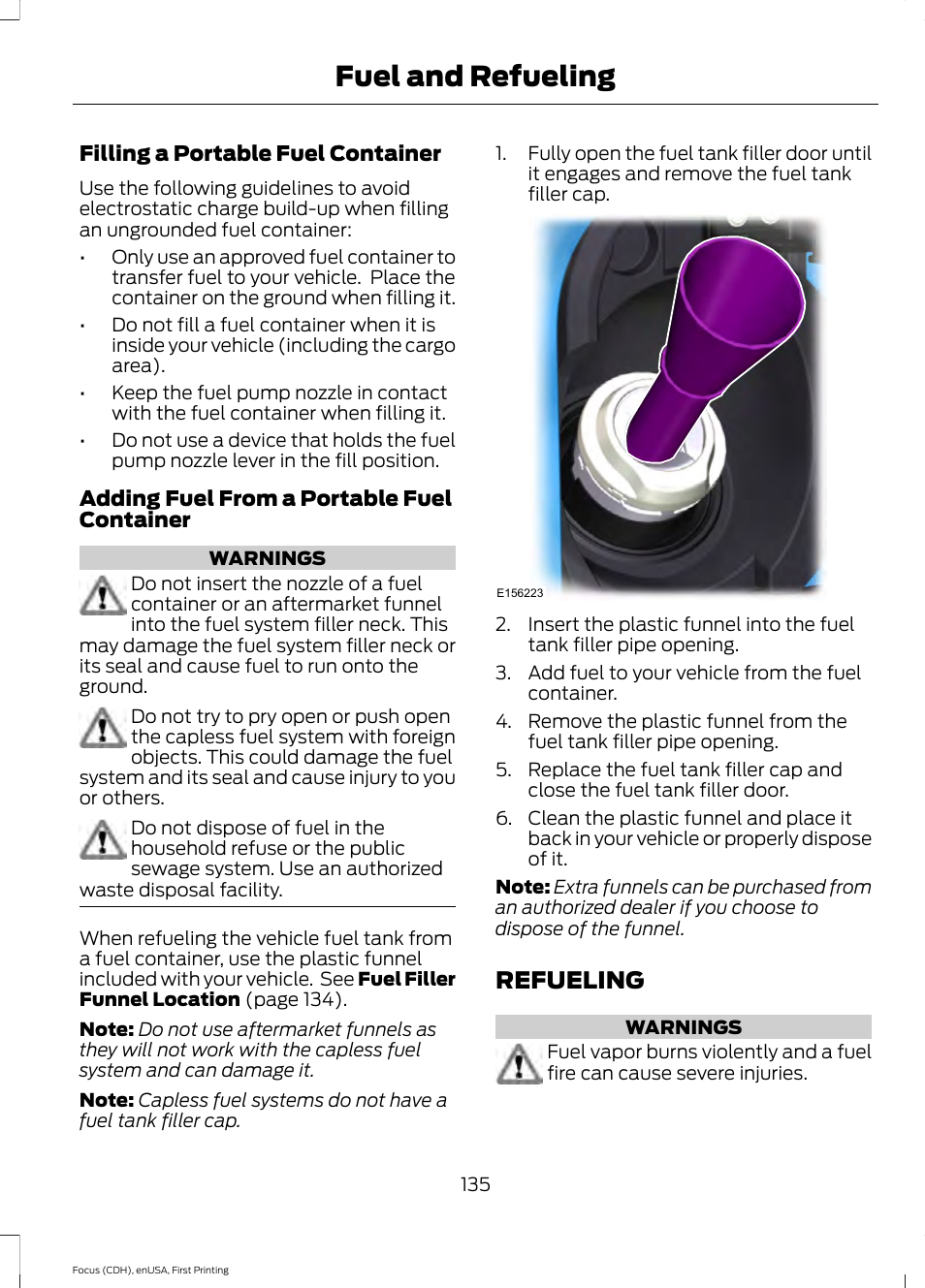 Refueling, Fuel and refueling | FORD 2015 Focus User Manual | Page 138 / 453