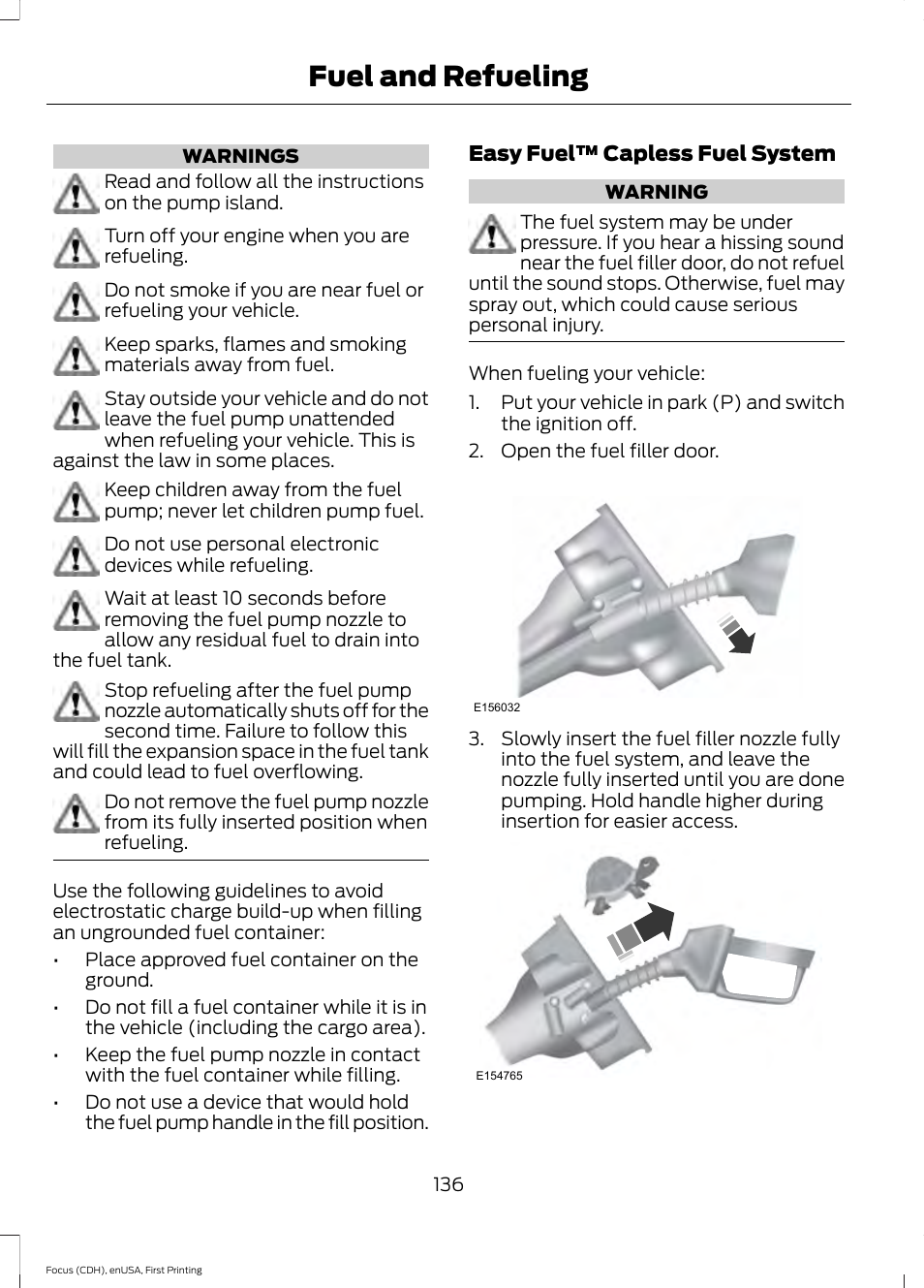 Fuel and refueling | FORD 2015 Focus User Manual | Page 139 / 453