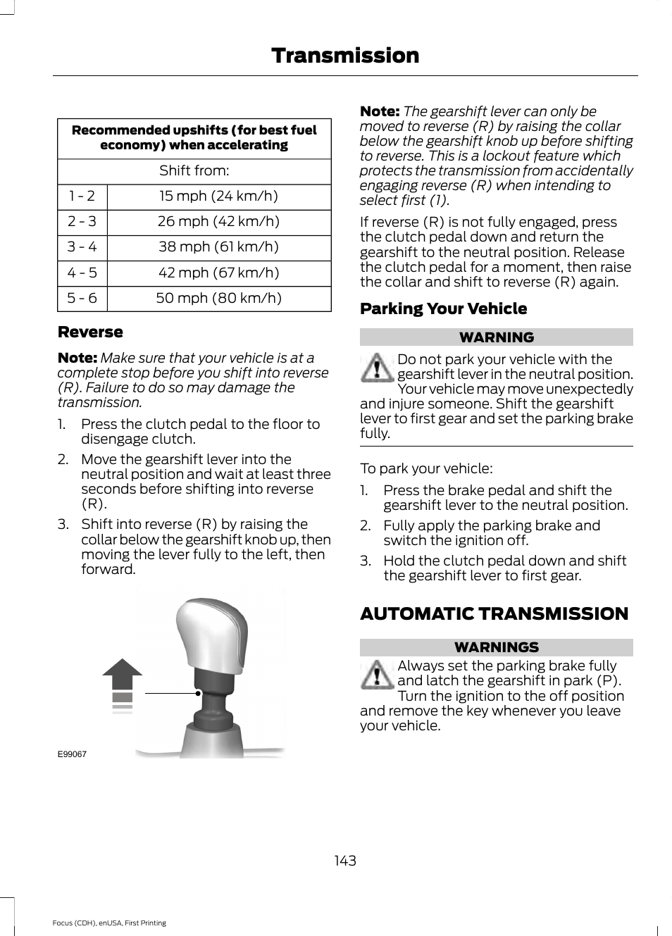 Automatic transmission, Transmission | FORD 2015 Focus User Manual | Page 146 / 453