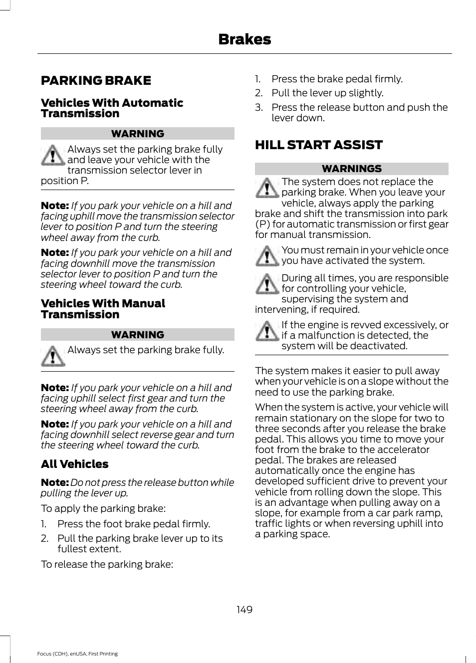 Parking brake, Hill start assist, Parking brake hill start assist | Brakes | FORD 2015 Focus User Manual | Page 152 / 453