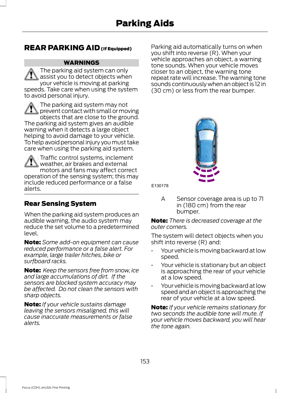 Parking aids, Rear parking aid | FORD 2015 Focus User Manual | Page 156 / 453