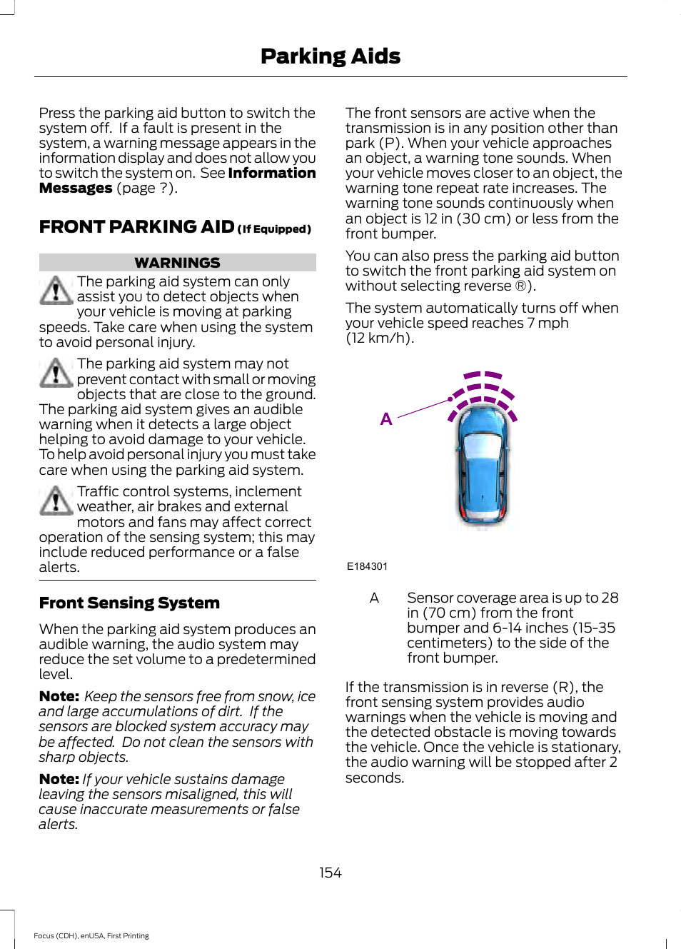Front parking aid, Parking aids | FORD 2015 Focus User Manual | Page 157 / 453