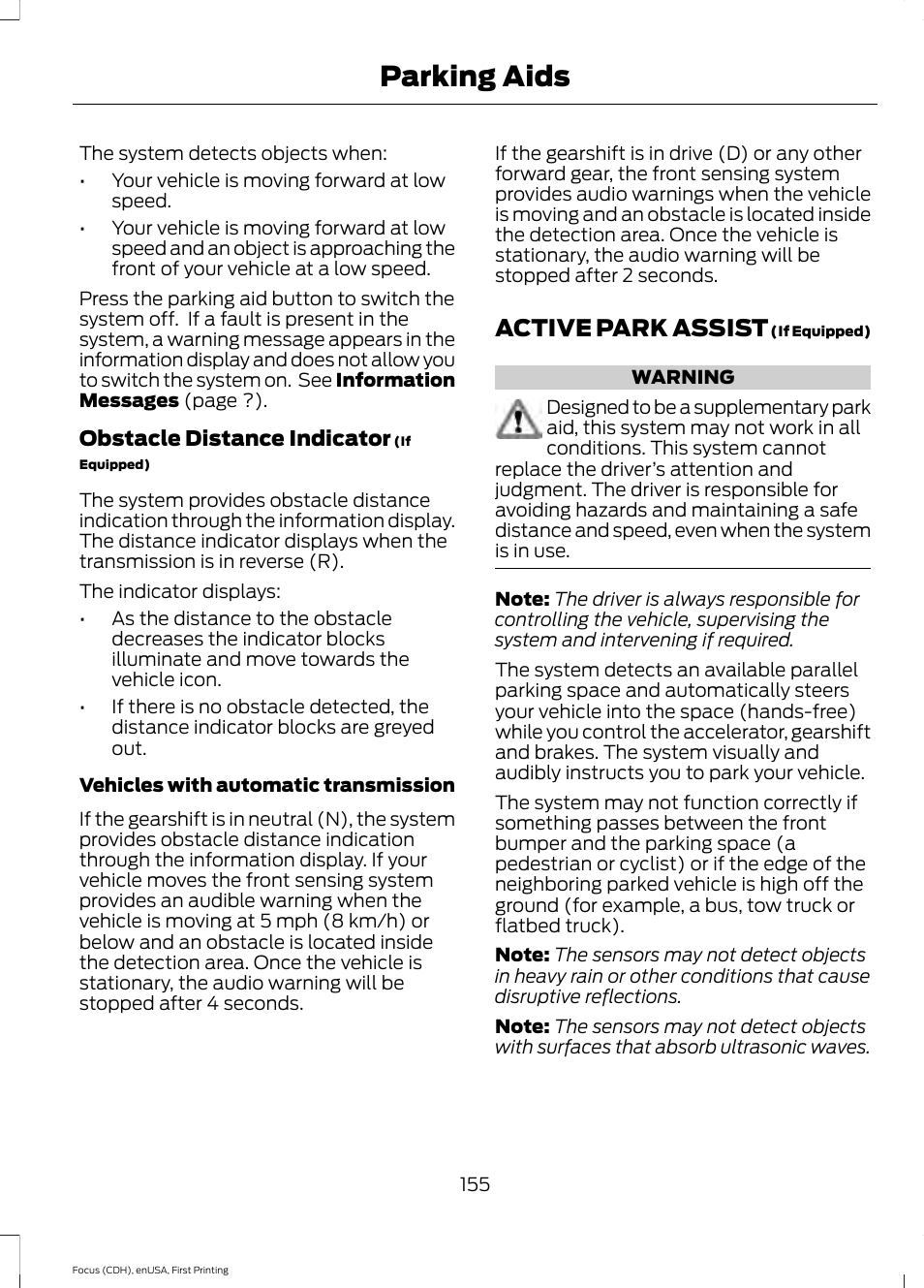 Active park assist, Parking aids | FORD 2015 Focus User Manual | Page 158 / 453