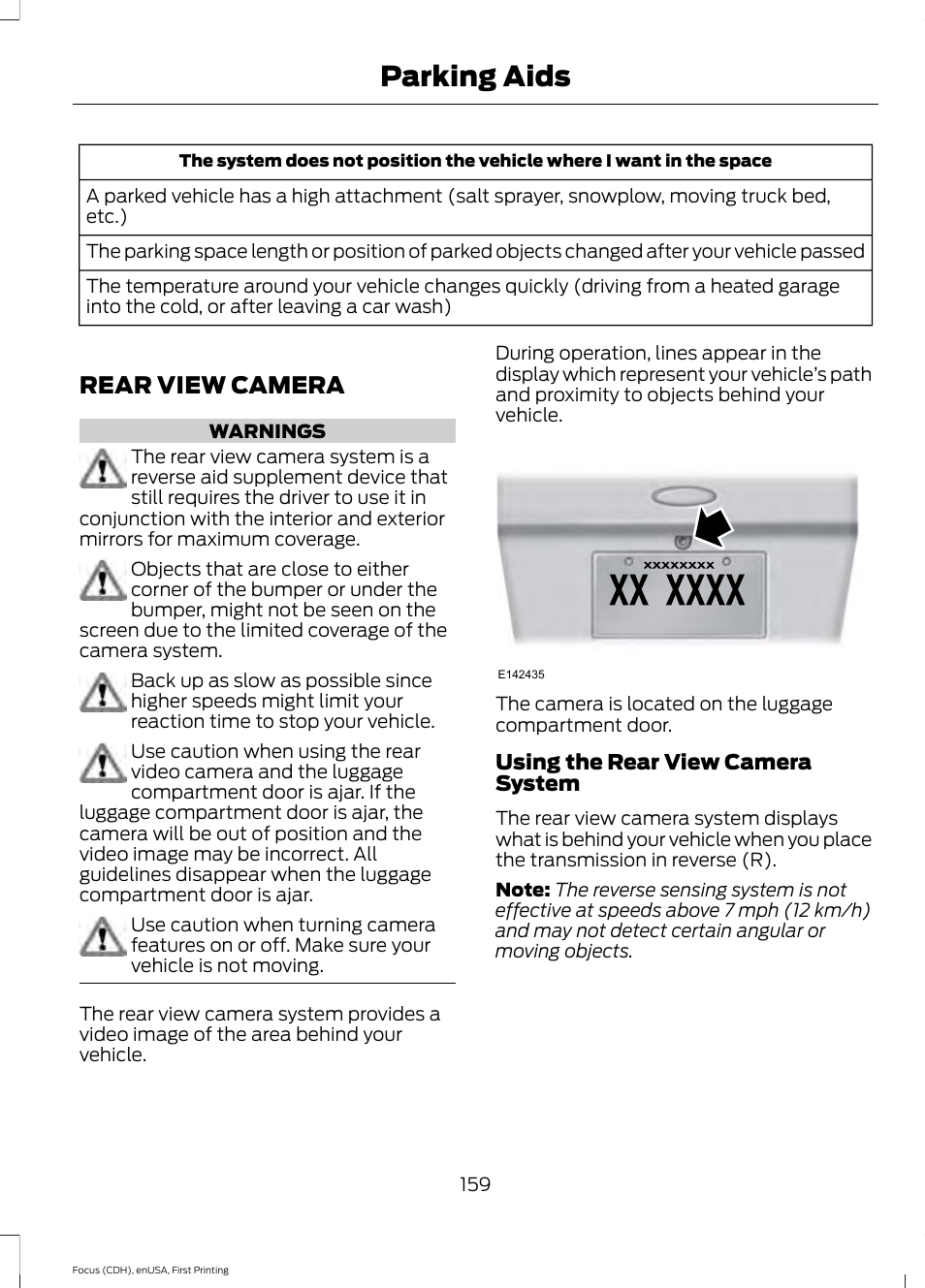 Rear view camera, Parking aids | FORD 2015 Focus User Manual | Page 162 / 453