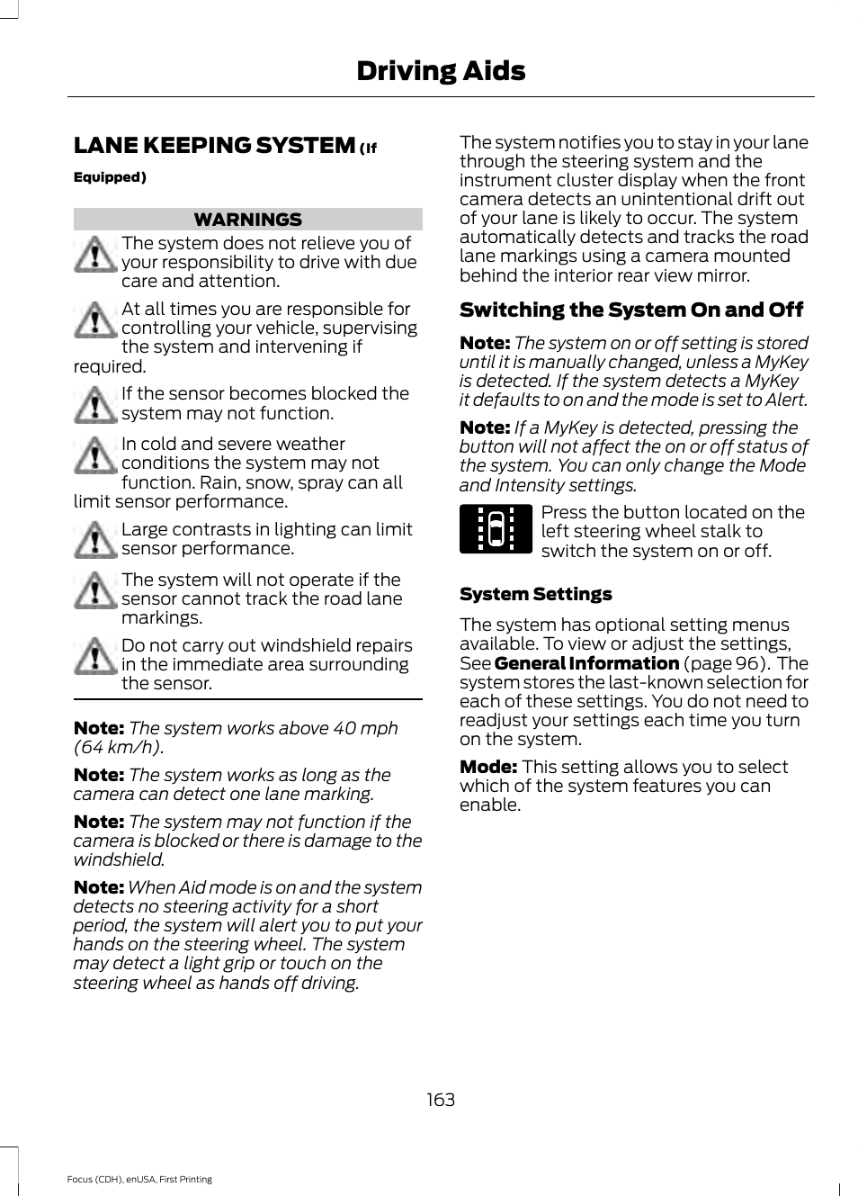 Driving aids, Lane keeping system | FORD 2015 Focus User Manual | Page 166 / 453