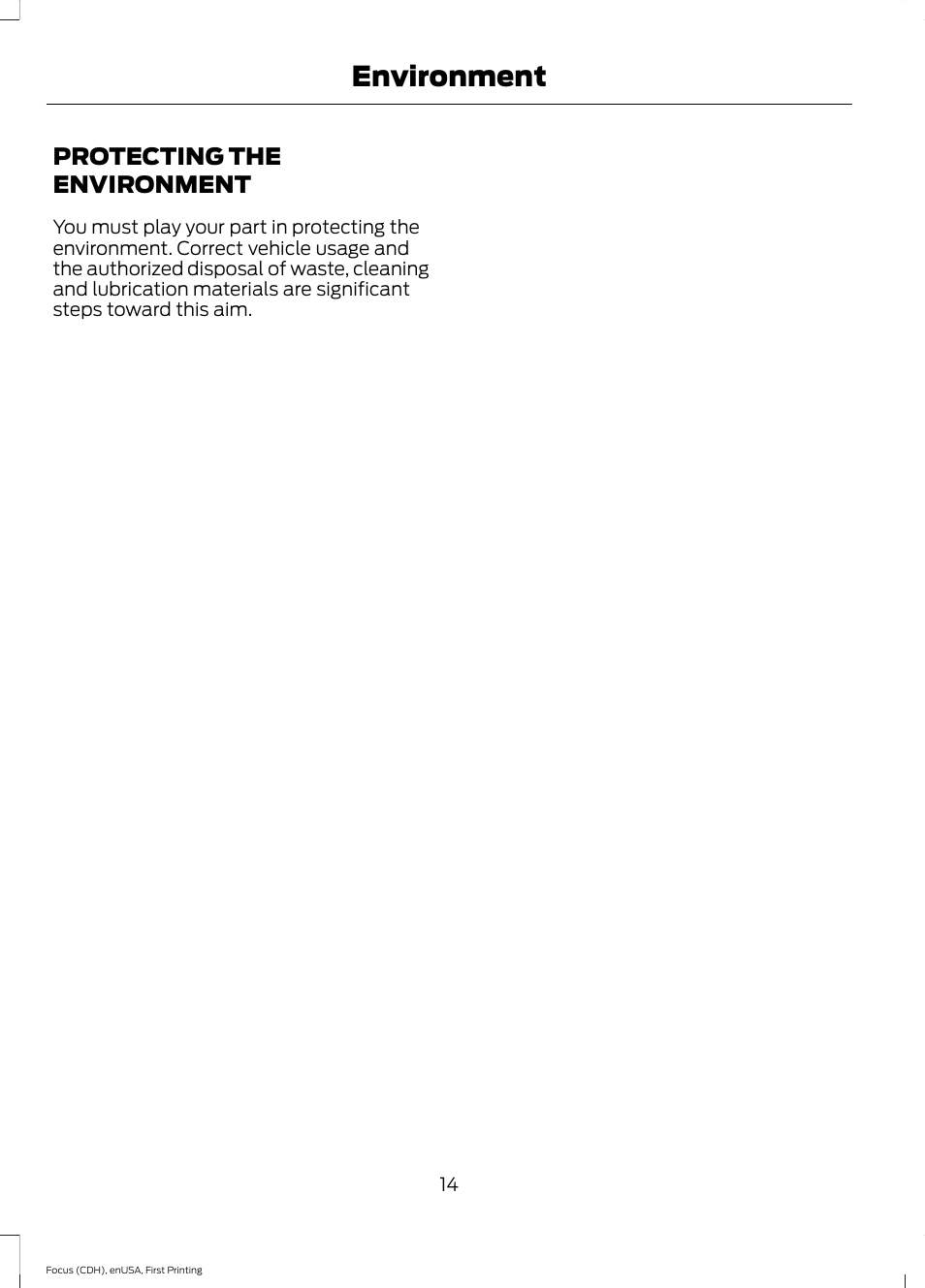 Environment, Protecting the environment | FORD 2015 Focus User Manual | Page 17 / 453