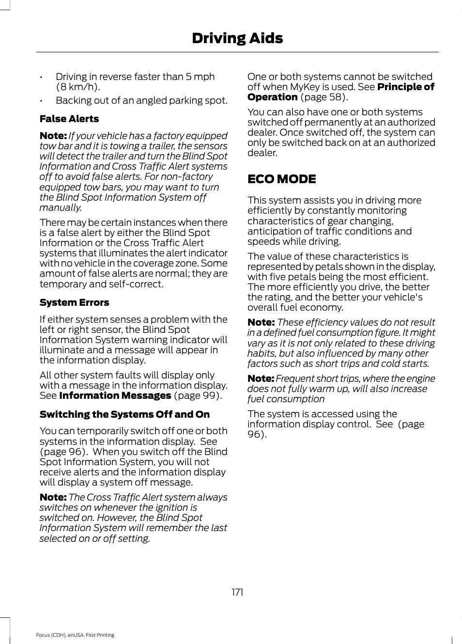 Eco mode, Driving aids | FORD 2015 Focus User Manual | Page 174 / 453