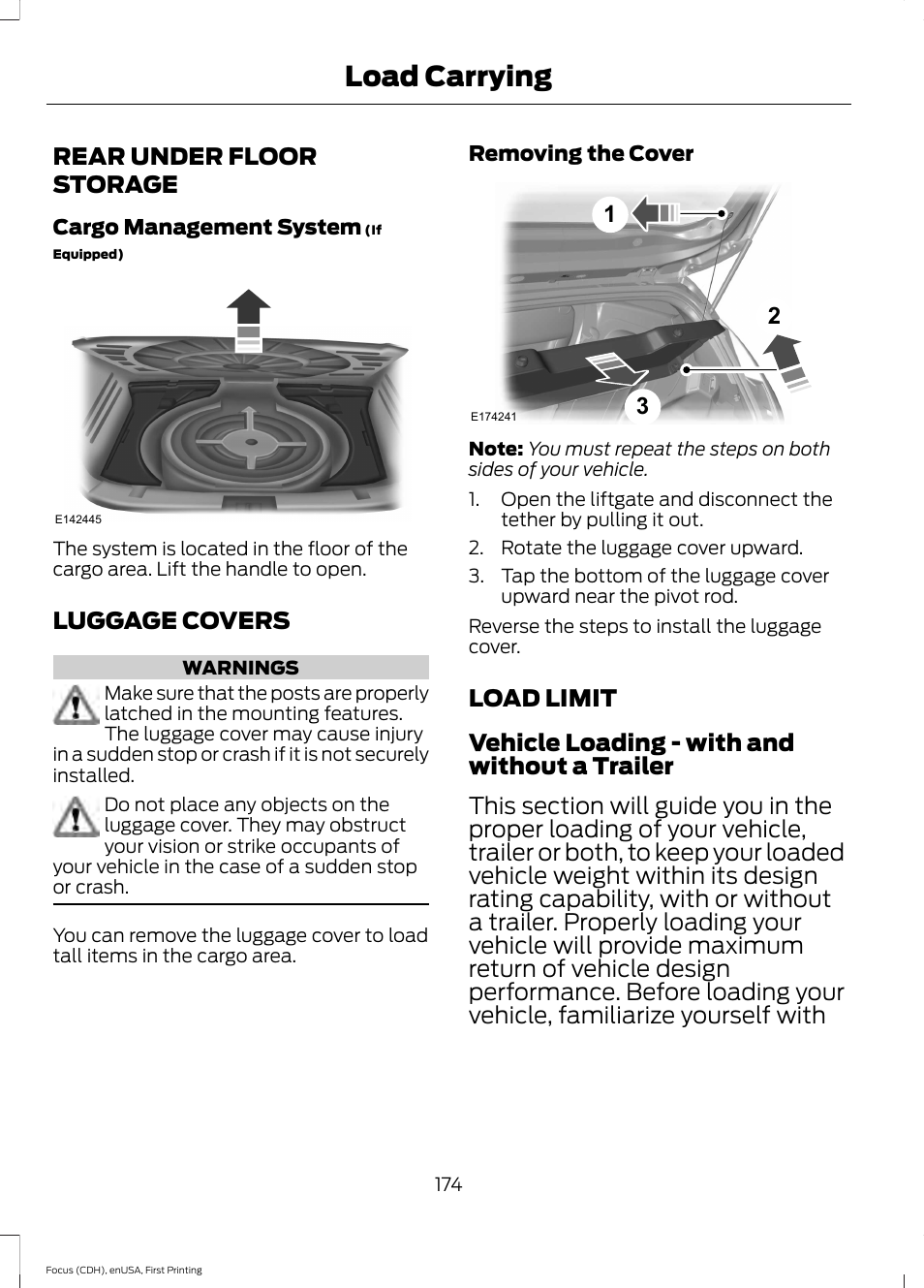 Load carrying, Rear under floor storage, Luggage covers | Load limit, Rear under floor storage luggage covers load limit | FORD 2015 Focus User Manual | Page 177 / 453