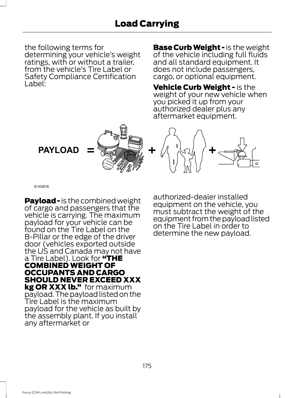 Payload, Load carrying | FORD 2015 Focus User Manual | Page 178 / 453