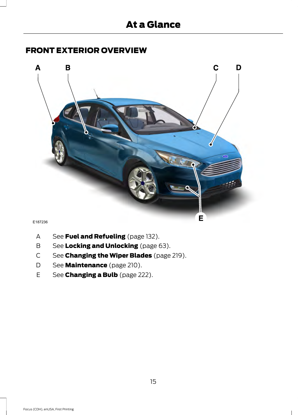 At a glance, Front exterior overview | FORD 2015 Focus User Manual | Page 18 / 453