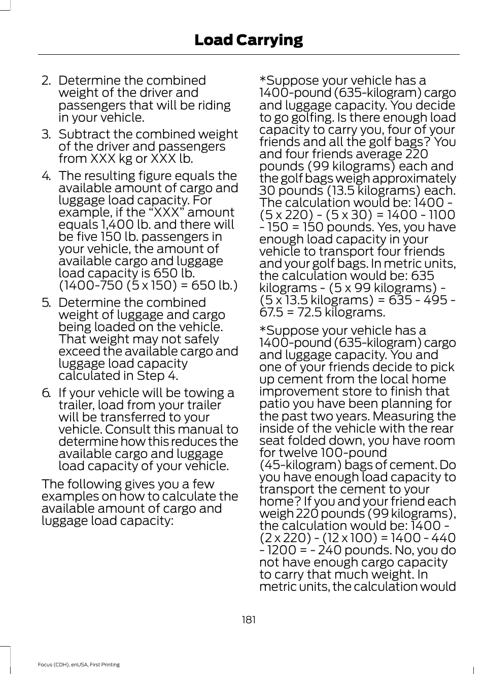 Load carrying | FORD 2015 Focus User Manual | Page 184 / 453