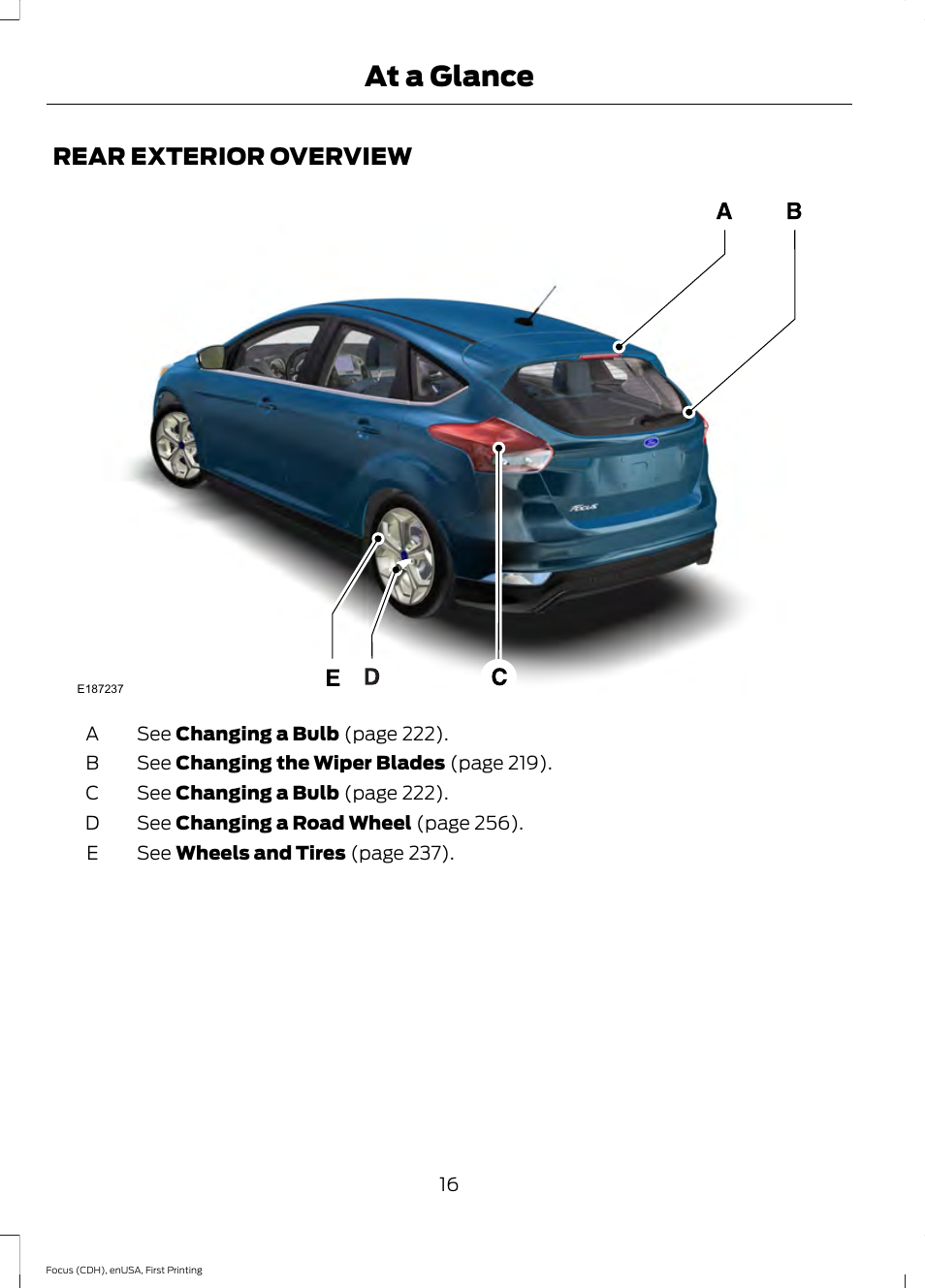 Rear exterior overview, At a glance | FORD 2015 Focus User Manual | Page 19 / 453