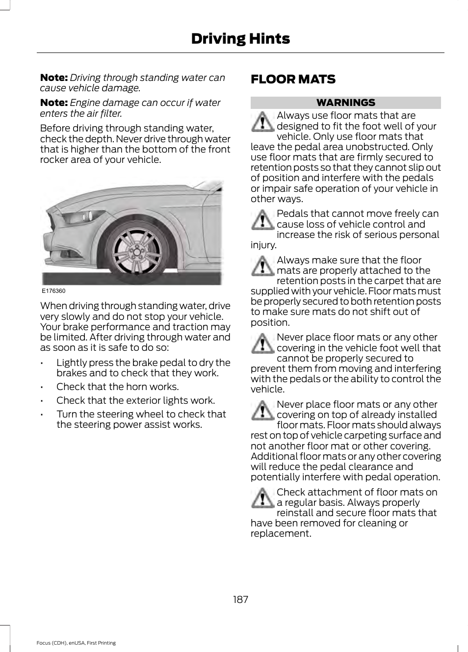 Floor mats, Driving hints | FORD 2015 Focus User Manual | Page 190 / 453