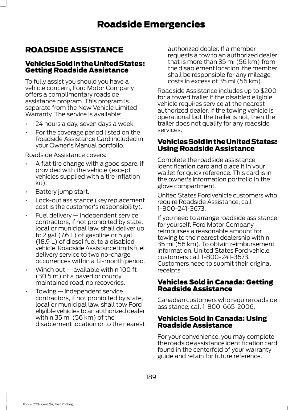 Roadside emergencies, Roadside assistance | FORD 2015 Focus User Manual | Page 192 / 453