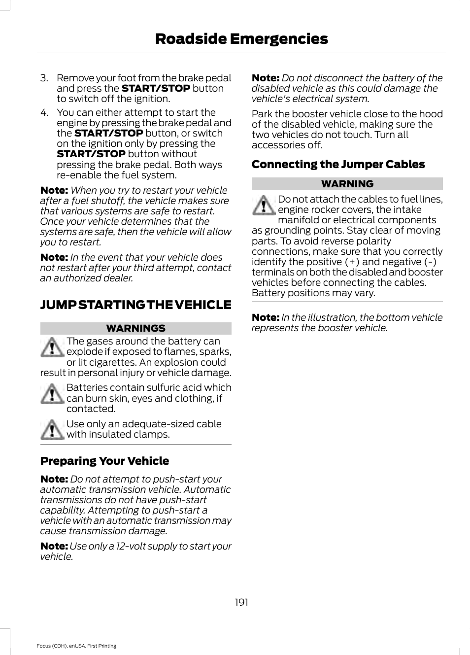 Jump starting the vehicle, Roadside emergencies | FORD 2015 Focus User Manual | Page 194 / 453