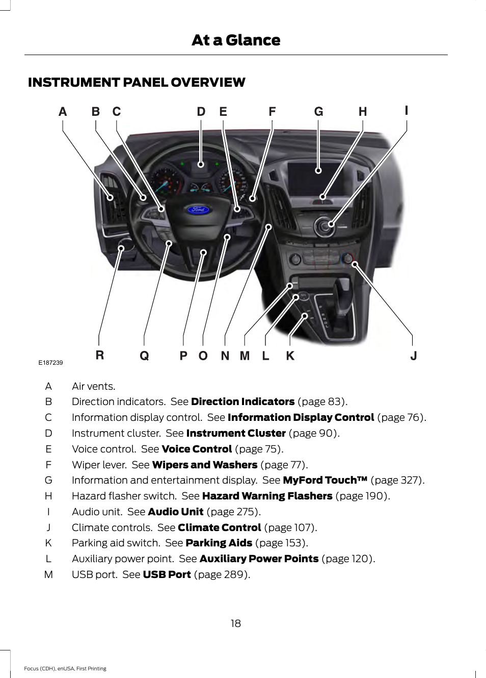 Instrument panel overview, At a glance | FORD 2015 Focus User Manual | Page 21 / 453