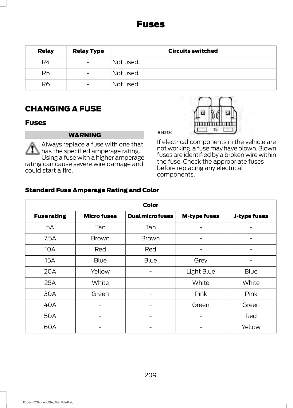 Changing a fuse, Fuses | FORD 2015 Focus User Manual | Page 212 / 453