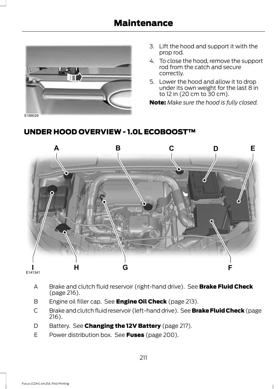 Under hood overview, Under hood overview - 1.0l, Ecoboost | Maintenance | FORD 2015 Focus User Manual | Page 214 / 453