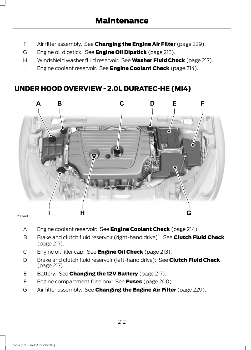 Under hood overview, Under hood overview - 2.0l duratec-he, Mi4) | Maintenance | FORD 2015 Focus User Manual | Page 215 / 453