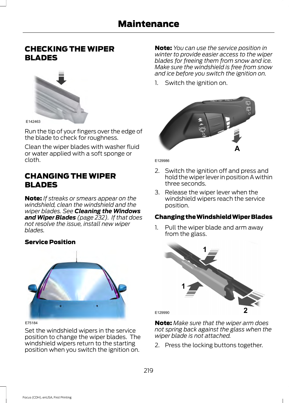 Checking the wiper blades, Changing the wiper blades, Maintenance | FORD 2015 Focus User Manual | Page 222 / 453