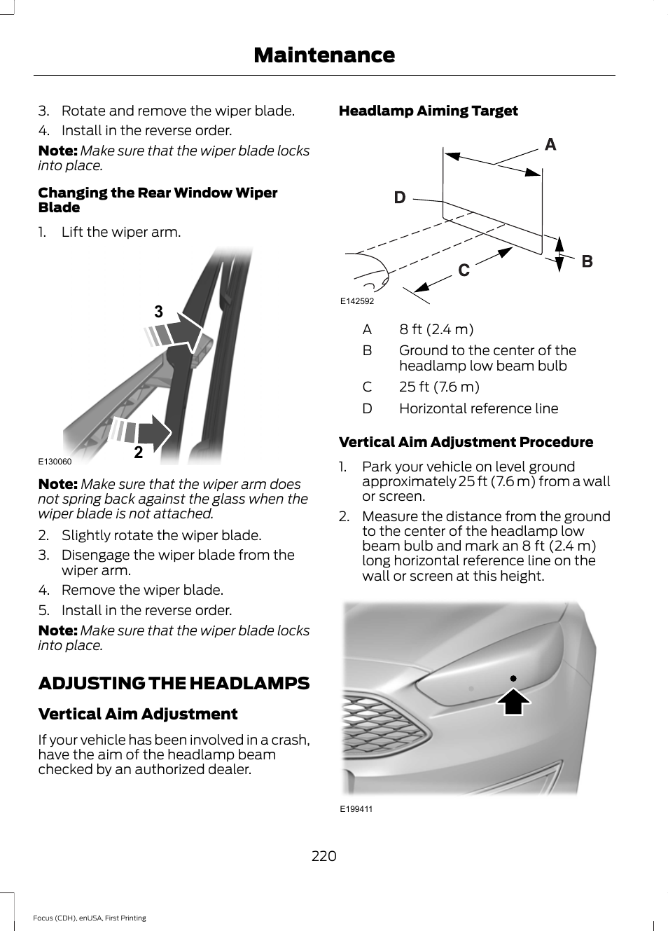 Adjusting the headlamps, Maintenance | FORD 2015 Focus User Manual | Page 223 / 453