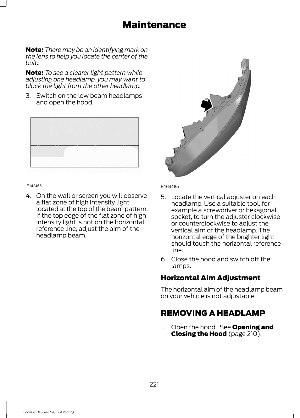 Removing a headlamp, Maintenance | FORD 2015 Focus User Manual | Page 224 / 453