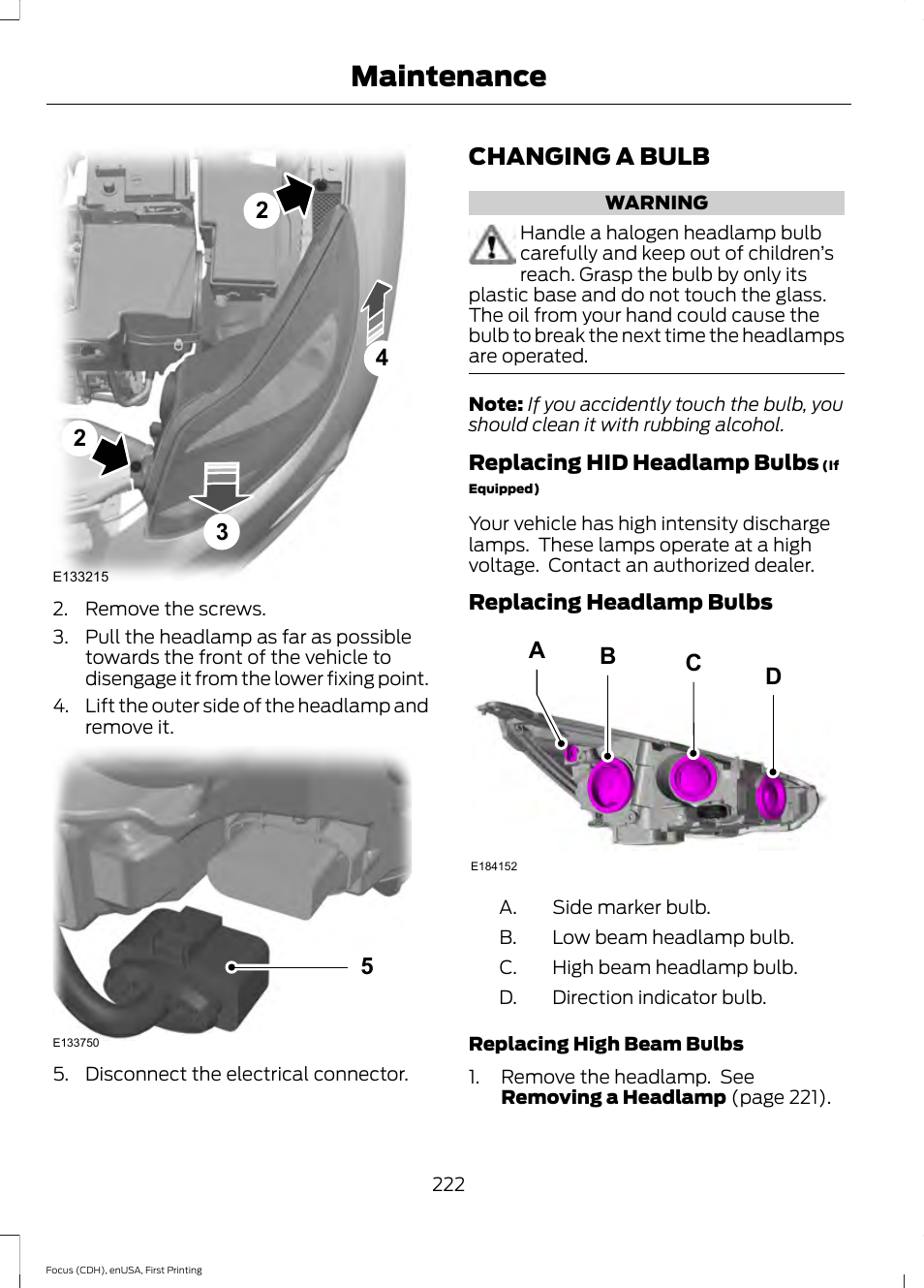 Changing a bulb, Maintenance, Ba c d | FORD 2015 Focus User Manual | Page 225 / 453