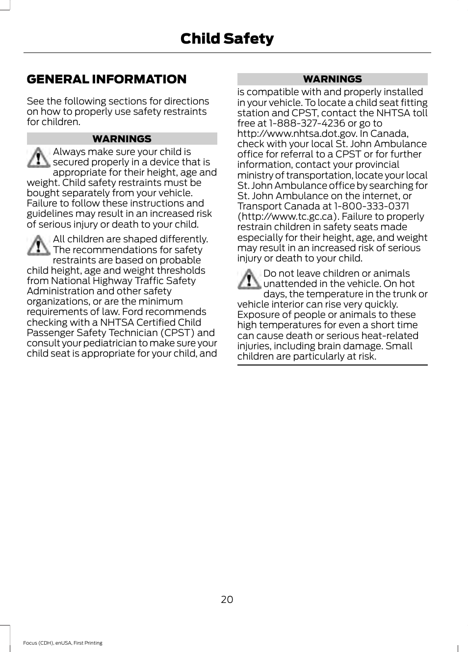 Child safety, General information | FORD 2015 Focus User Manual | Page 23 / 453