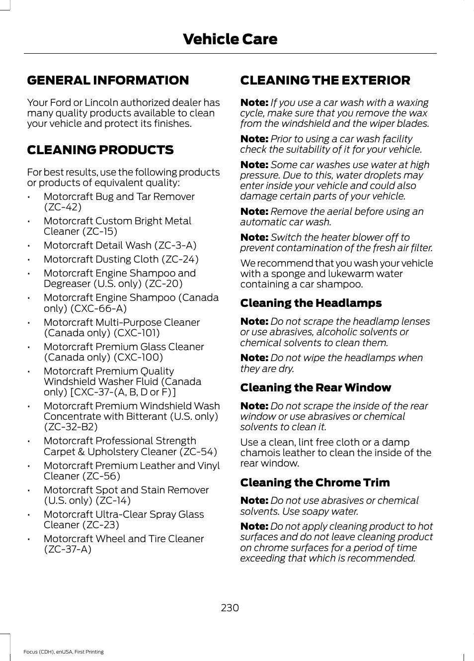 Vehicle care, General information, Cleaning products | Cleaning the exterior | FORD 2015 Focus User Manual | Page 233 / 453