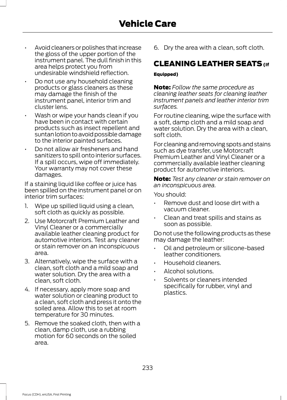 Cleaning leather seats, Vehicle care | FORD 2015 Focus User Manual | Page 236 / 453