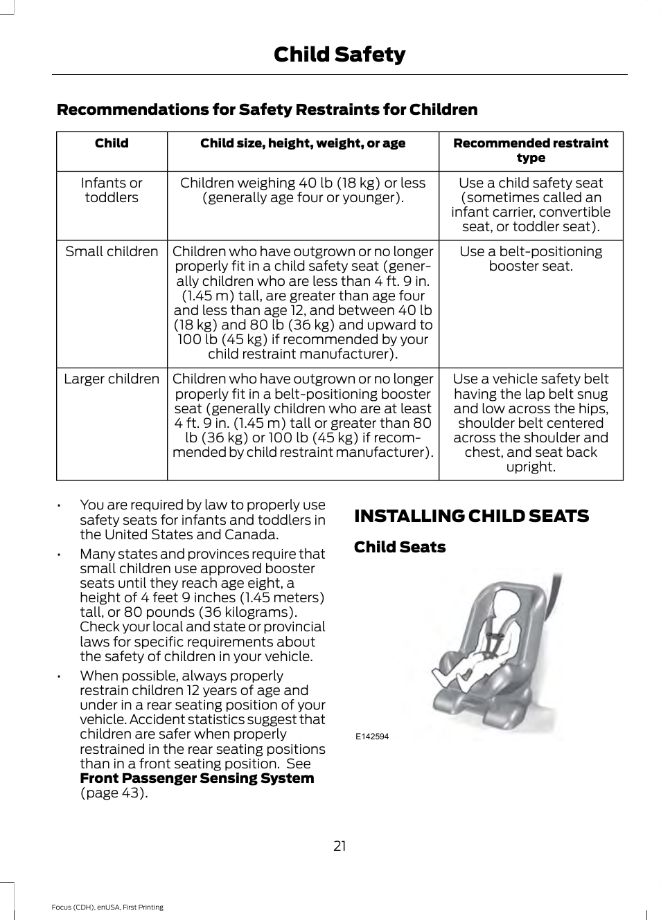 Installing child seats, Child safety | FORD 2015 Focus User Manual | Page 24 / 453