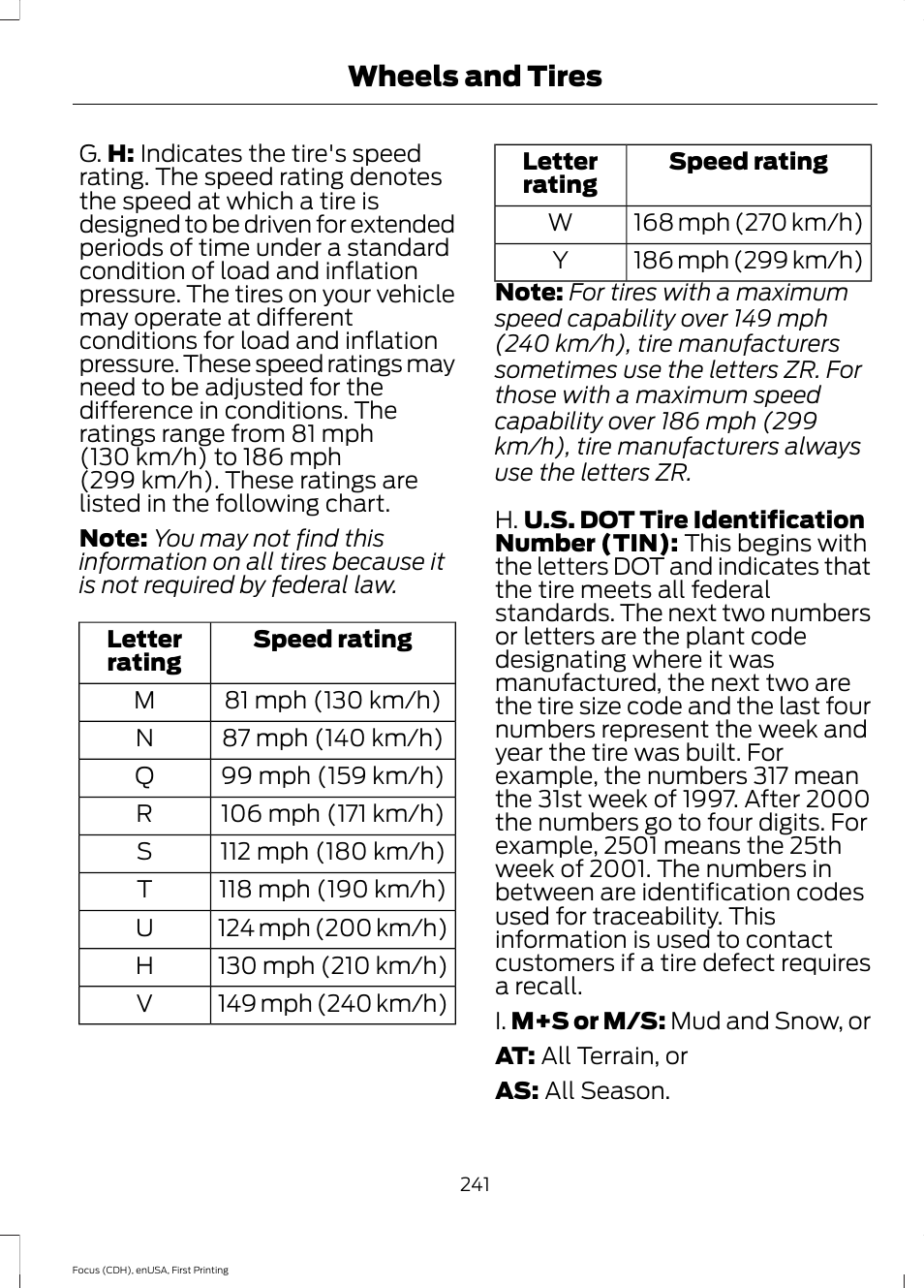 Wheels and tires | FORD 2015 Focus User Manual | Page 244 / 453