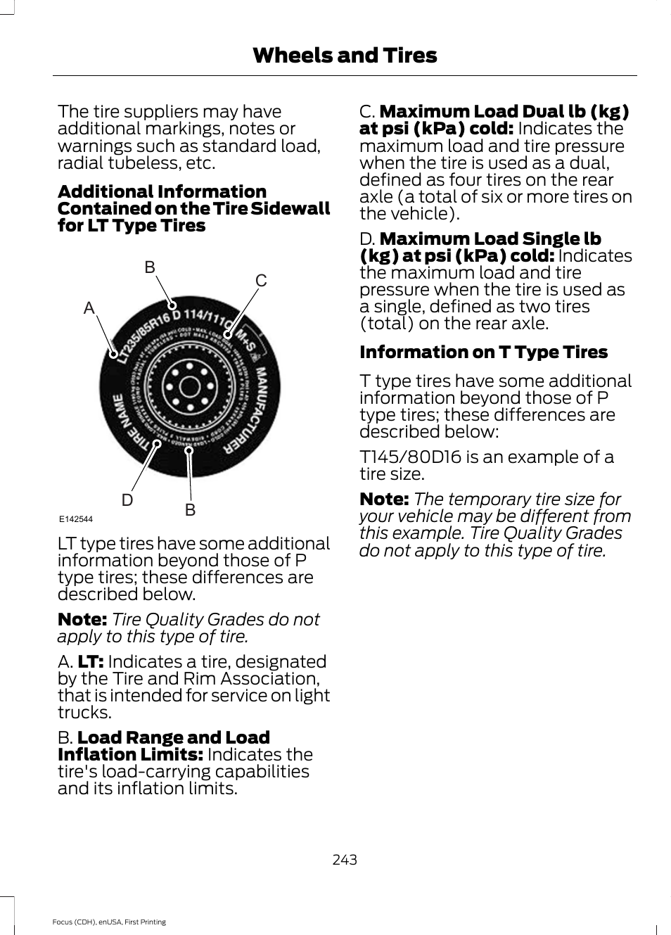 Wheels and tires | FORD 2015 Focus User Manual | Page 246 / 453