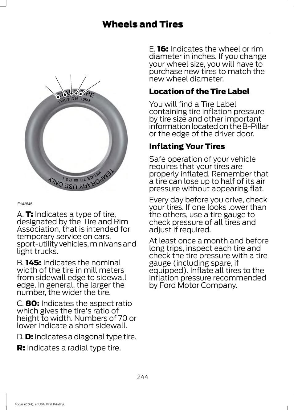 Wheels and tires | FORD 2015 Focus User Manual | Page 247 / 453