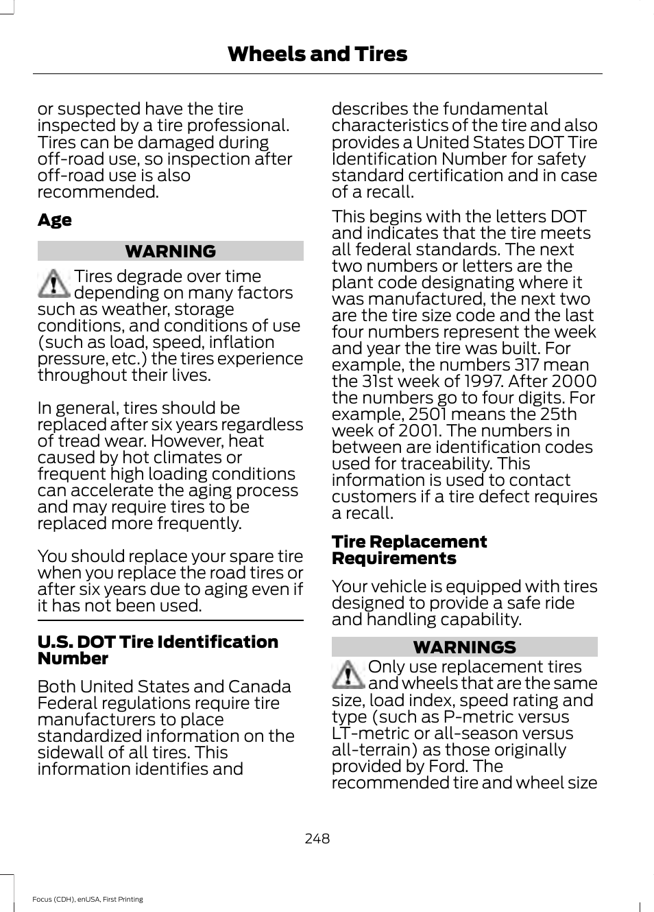 Wheels and tires | FORD 2015 Focus User Manual | Page 251 / 453