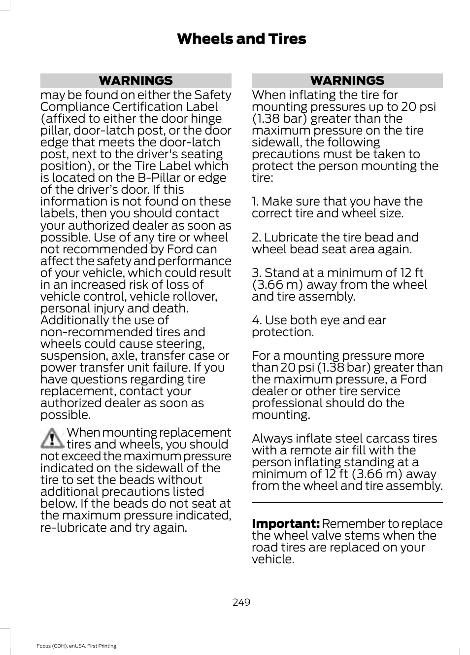 Wheels and tires | FORD 2015 Focus User Manual | Page 252 / 453