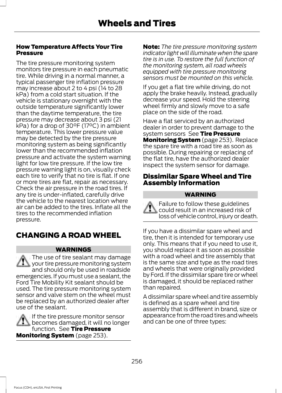 Changing a road wheel, Wheels and tires | FORD 2015 Focus User Manual | Page 259 / 453