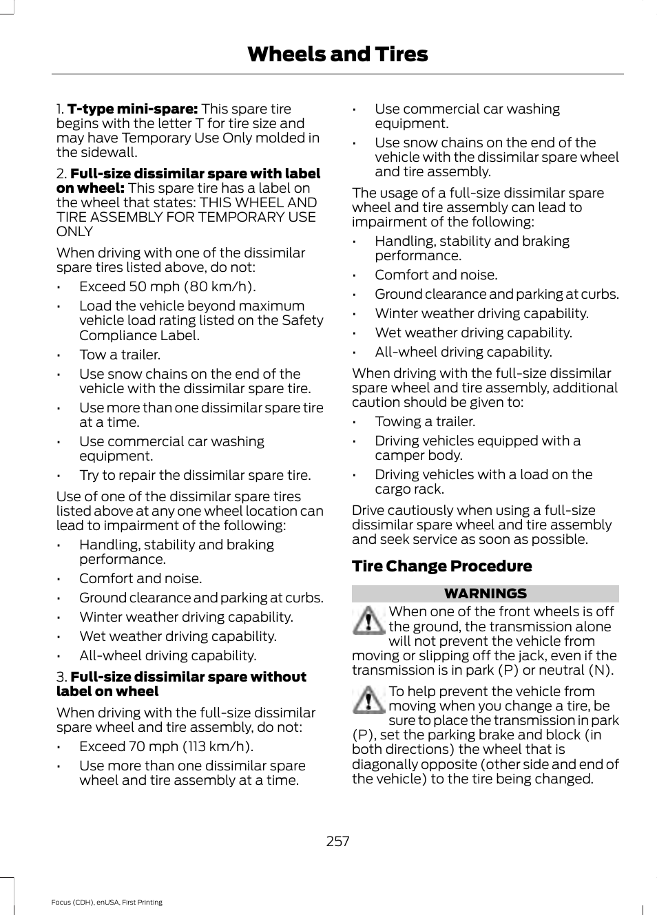 Wheels and tires | FORD 2015 Focus User Manual | Page 260 / 453