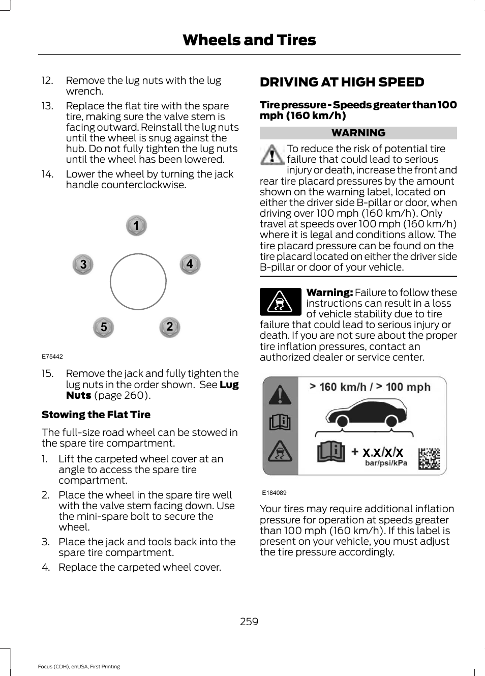 Driving at high speed, Wheels and tires | FORD 2015 Focus User Manual | Page 262 / 453