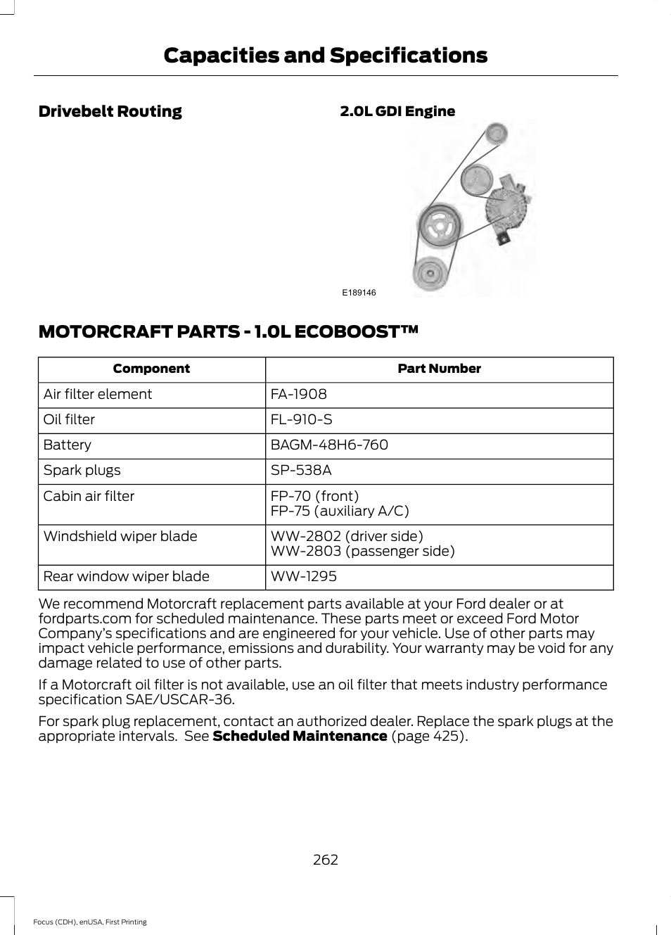 Motorcraft parts, Motorcraft parts - 1.0l ecoboost, Capacities and specifications | FORD 2015 Focus User Manual | Page 265 / 453
