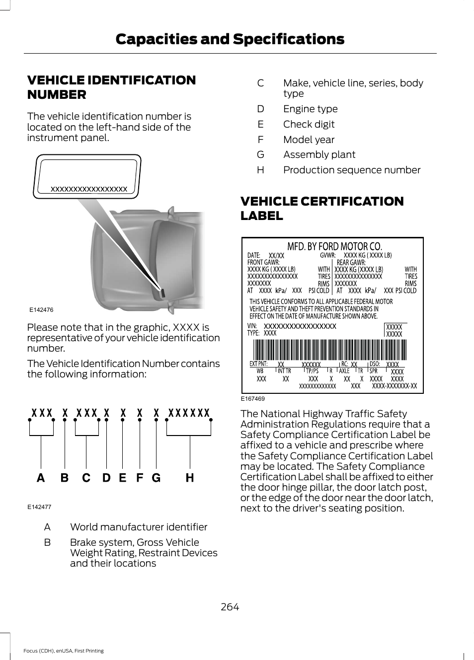 Vehicle identification number, Vehicle certification label, Capacities and specifications | FORD 2015 Focus User Manual | Page 267 / 453