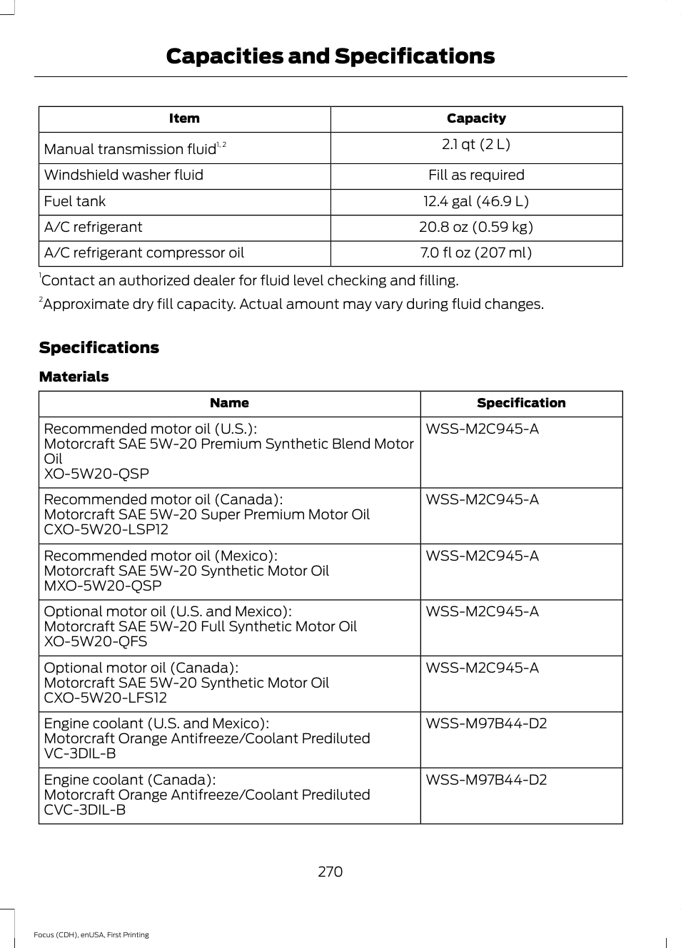 Capacities and specifications | FORD 2015 Focus User Manual | Page 273 / 453