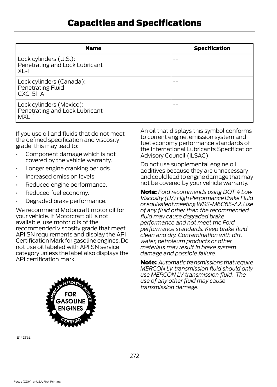 Capacities and specifications | FORD 2015 Focus User Manual | Page 275 / 453