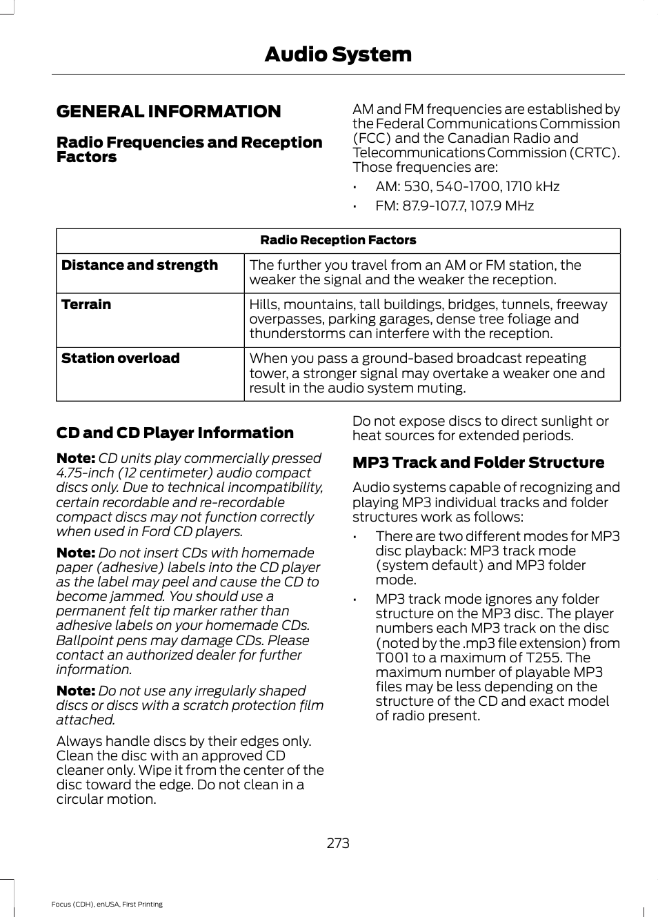 Audio system, General information | FORD 2015 Focus User Manual | Page 276 / 453