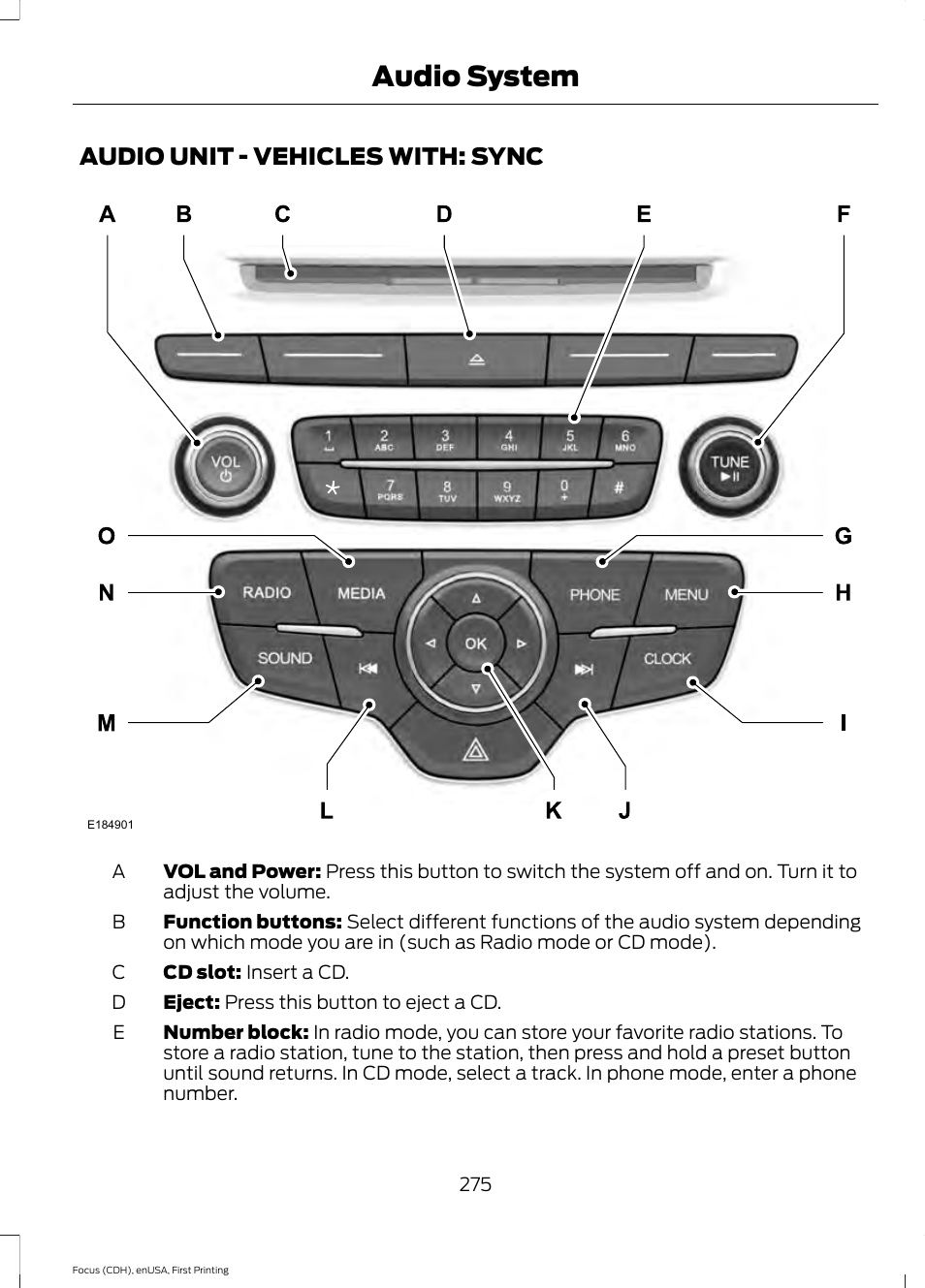 Audio unit, Audio unit - vehicles with: sync, Audio system | FORD 2015 Focus User Manual | Page 278 / 453