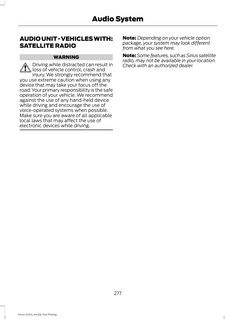 Audio unit, Audio unit - vehicles with: satellite, Radio | Audio system, Audio unit - vehicles with: satellite radio | FORD 2015 Focus User Manual | Page 280 / 453