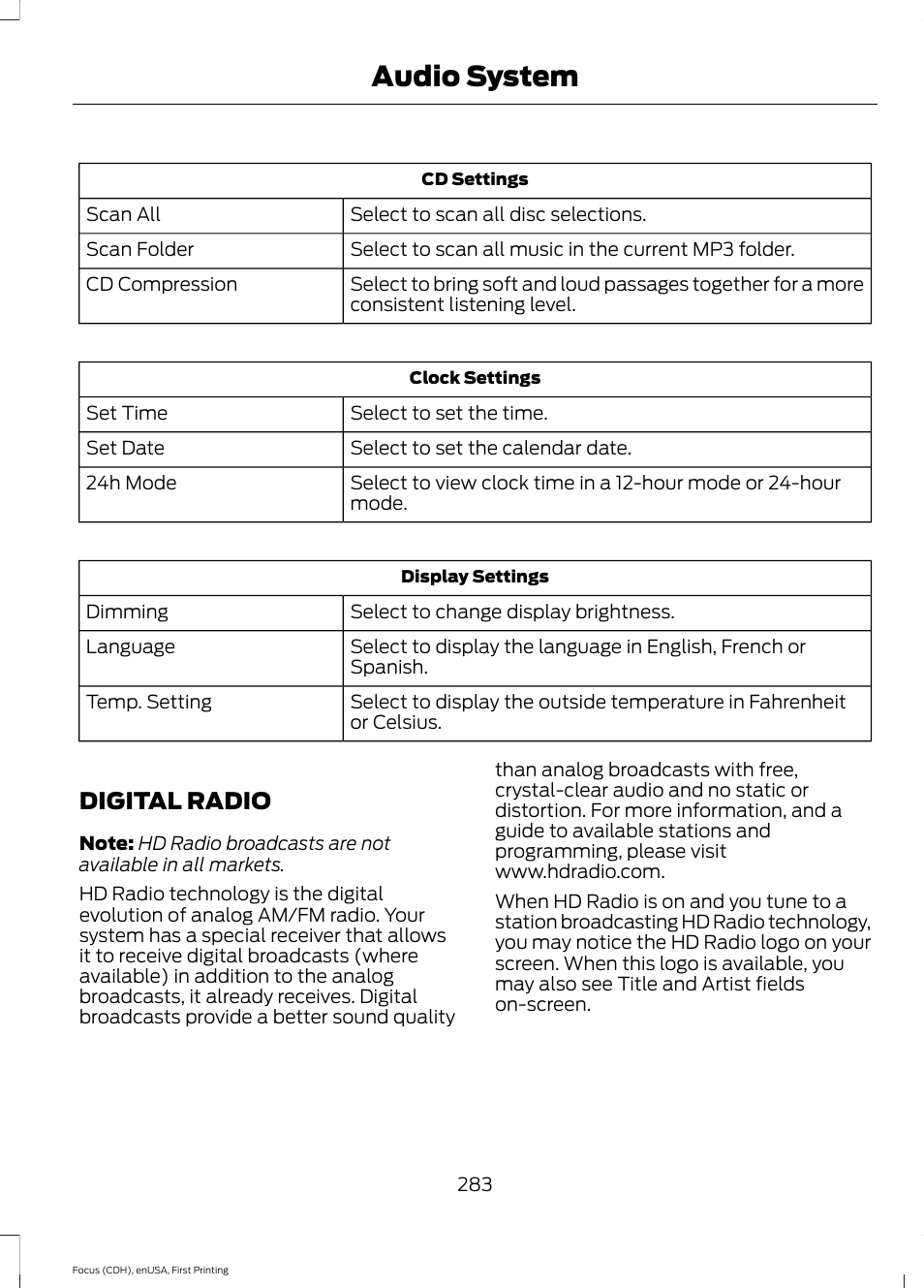 Digital radio, Audio system | FORD 2015 Focus User Manual | Page 286 / 453