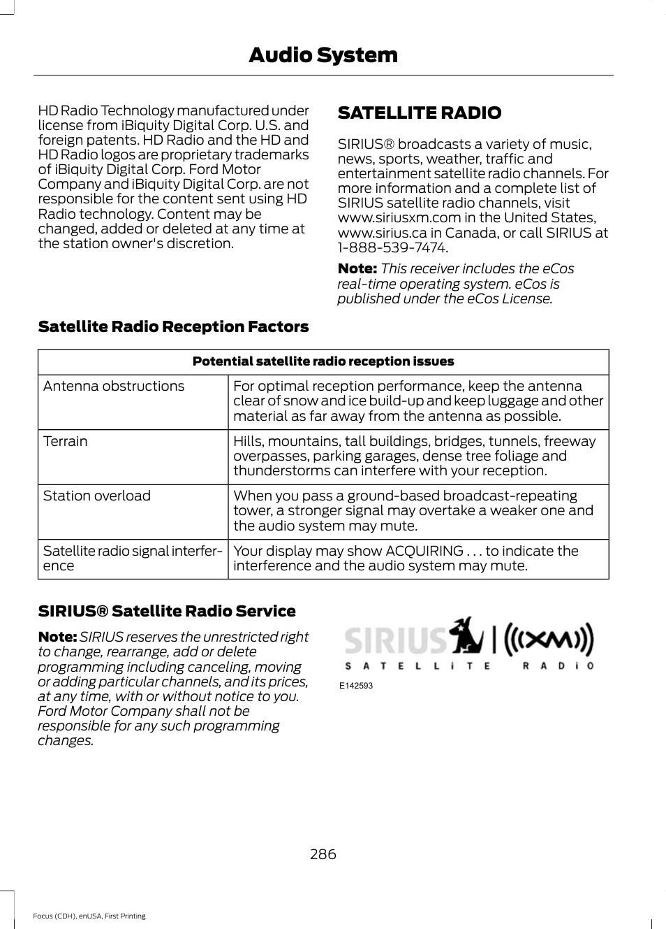 Satellite radio, Audio system | FORD 2015 Focus User Manual | Page 289 / 453